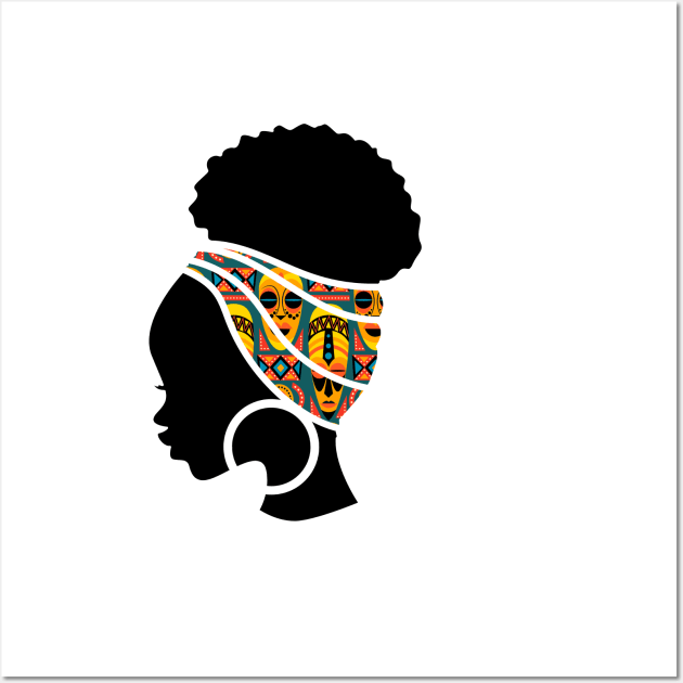 Afro Hair Woman with African Pattern Headwrap Wall Art by dukito
